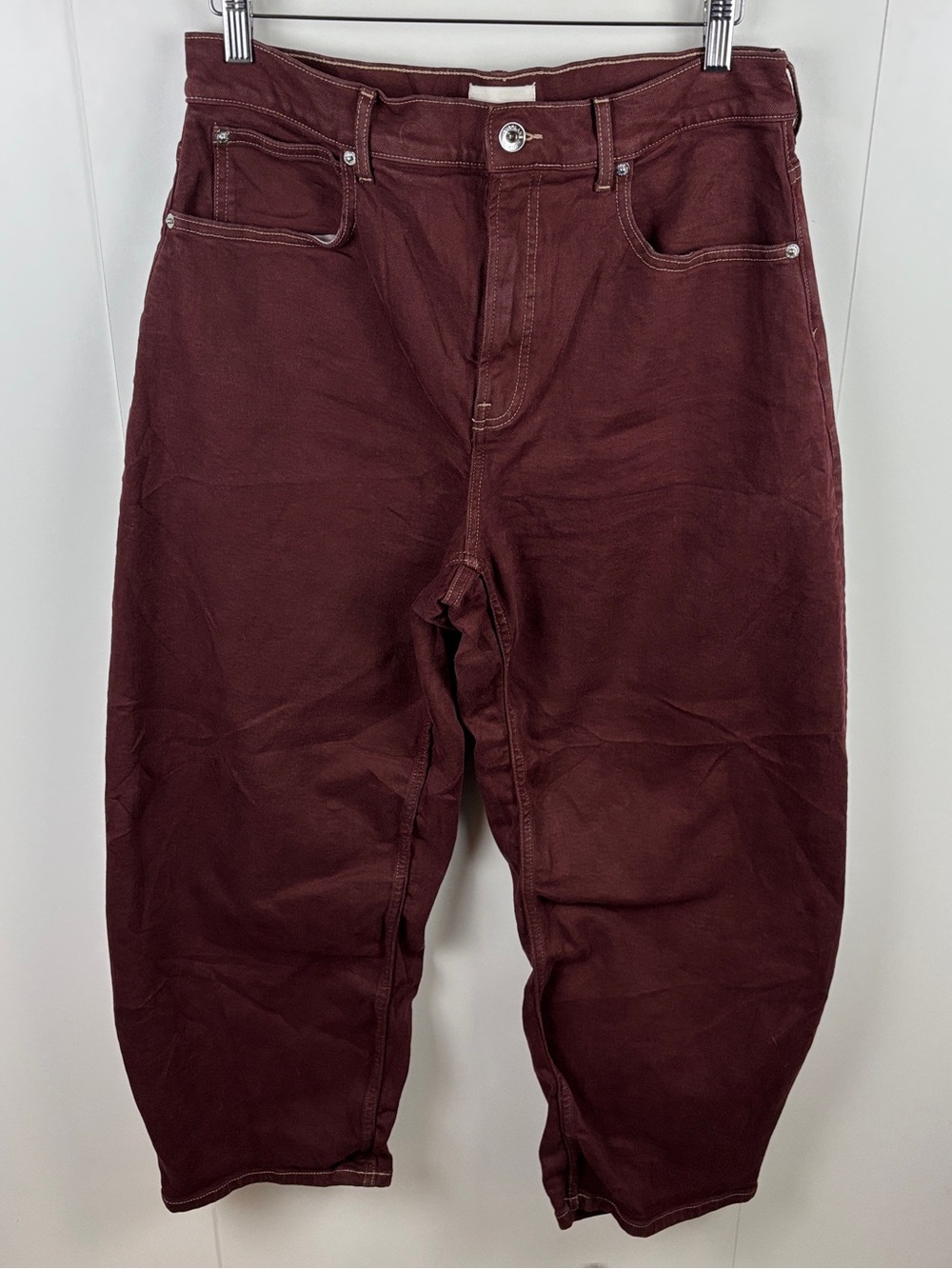 Everlane Way High Curve Barrel Leg Jeans Maroon Burgundy sz 30R Stretch Denim